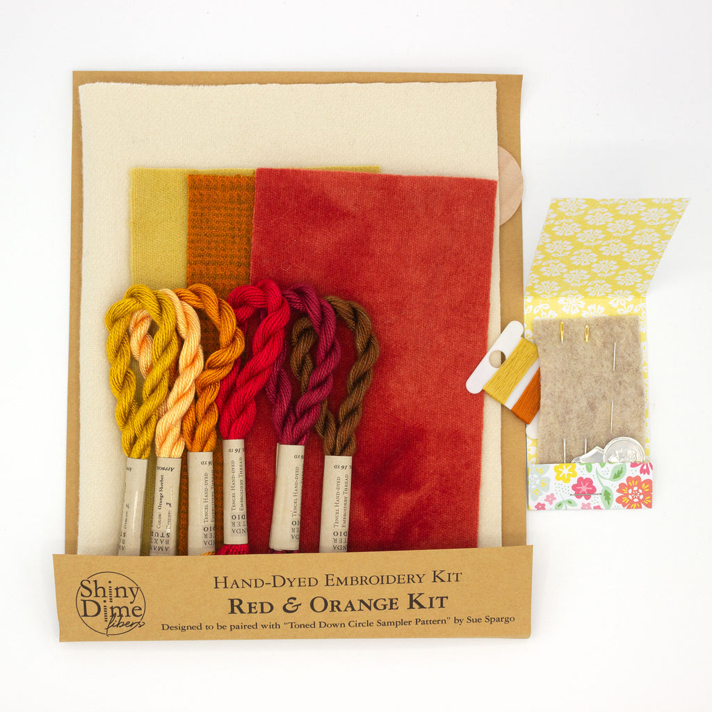 Red and Orange Hand-Dyed Embroidery Kit - Tencel Yarn, Naturally-Dyed Wool