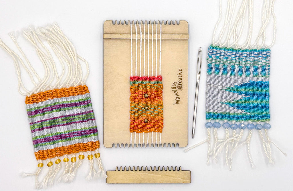 Teeny Tiny Loom handwoven samples. Collaboration with Wavellite Creative.
