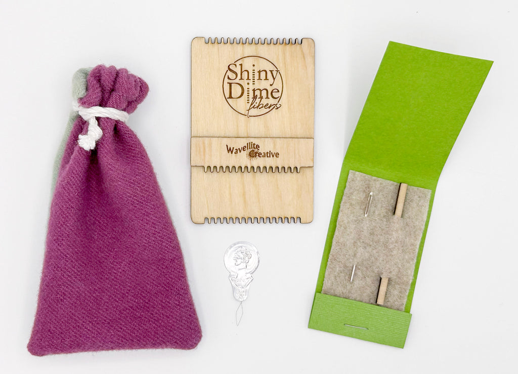 Teeny Loom with naturally dyed pouch, matchbook tool holder. Collaboration with Wavellite Creative.