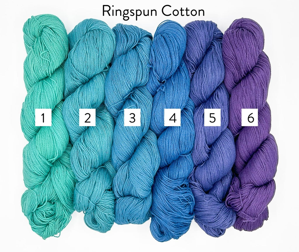 Six skeins of yarn in teal, blue, and purple with numbers indicating color order.