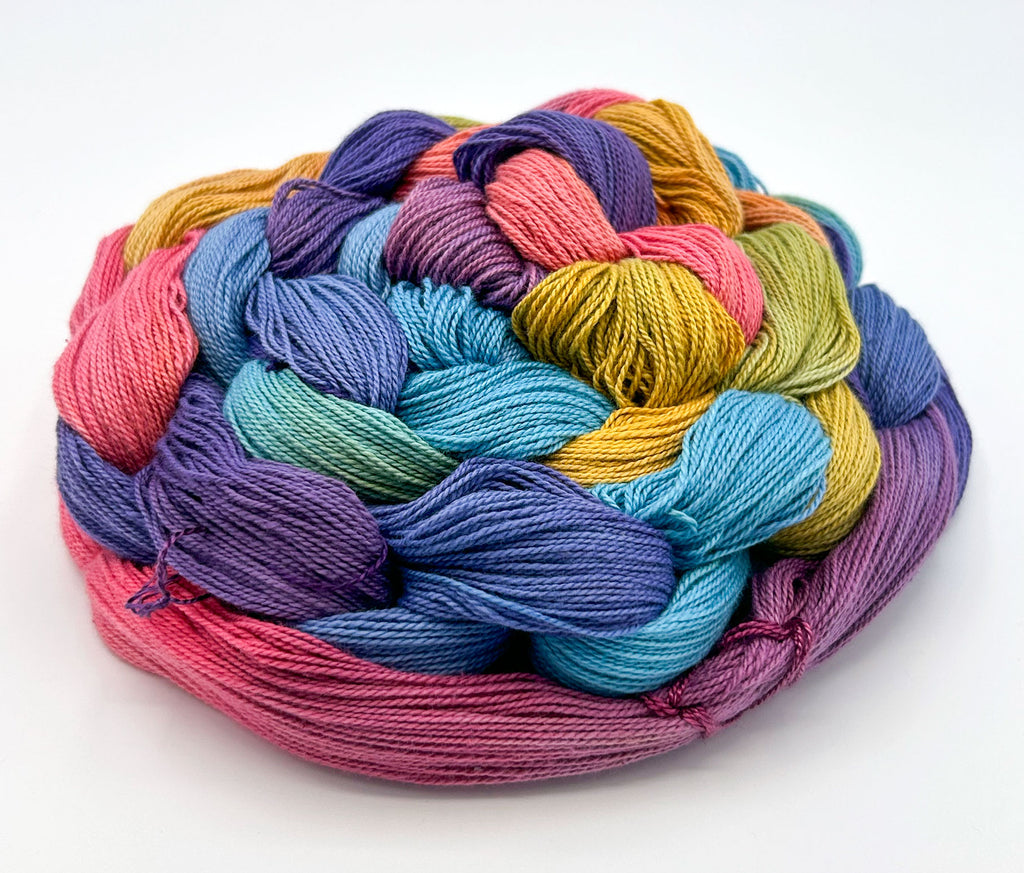 "Jeweltones Rainbow" Hand-Painted Ringspun Cotton Weaving Warp by Shiny Dime Fibers