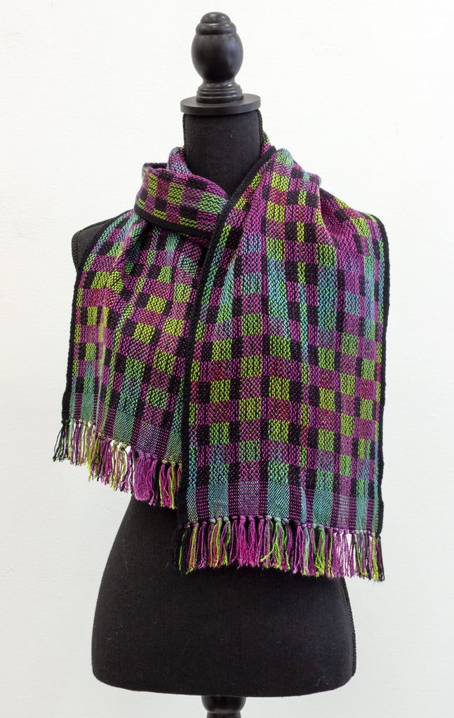 Turned Taqueté hand-dyed hand-woven scarf with mardi gras warp and very berry weft