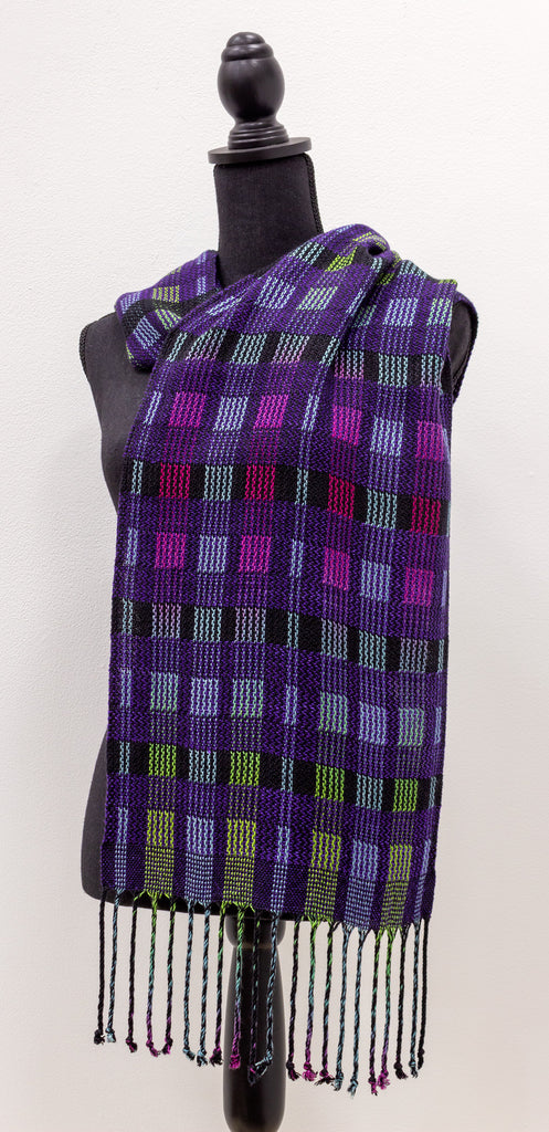 Handwoven Hand-Dyed Shawl - Mardi Gras and Peacock Cocktail with Purple - Amanda Baxter Studio Tencel Yarn