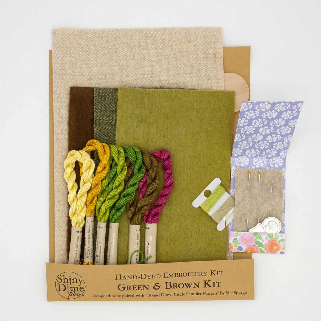 Green and Brown Hand-Dyed Embroidery Kit - Tencel Yarn, Naturally-Dyed Wool