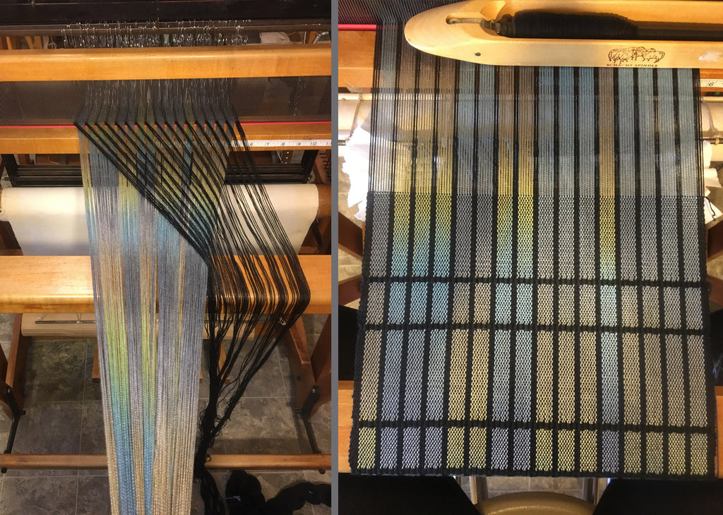 Riverbed Tencel™ Hand-Painted Warp on the loom - Shiny Dime Fibers
