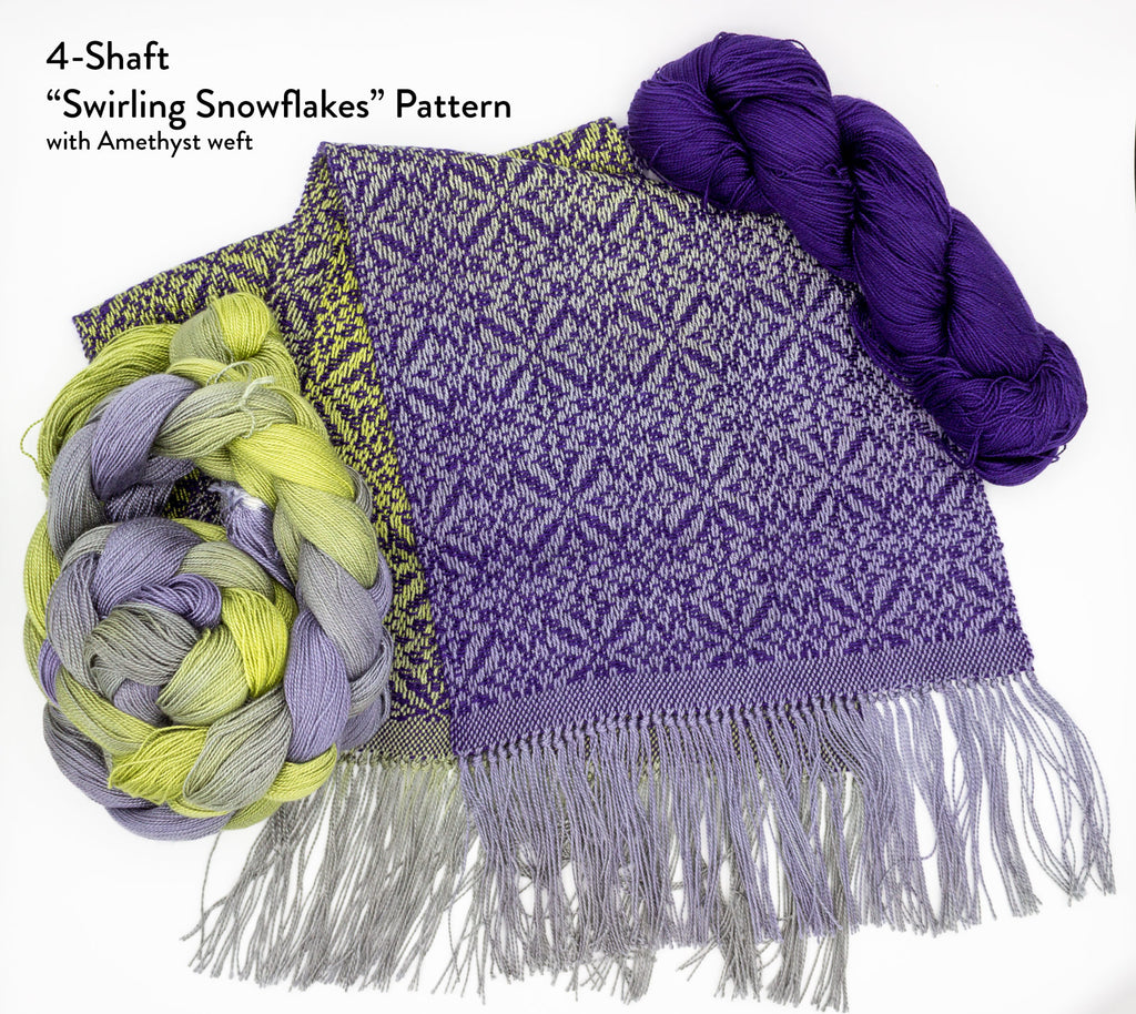 4-Shaft "Swirling Snowflake" Pattern with Amethyst Weft, by Shiny Dime Fibers and dje handwovens