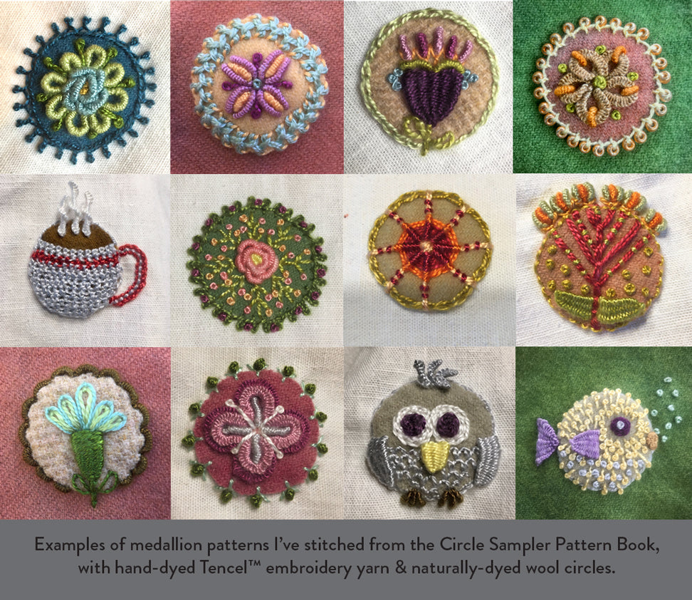 Hand-Dyed Embroidery Kit - examples of stitched medallions from Sue Spargo Pattern Book